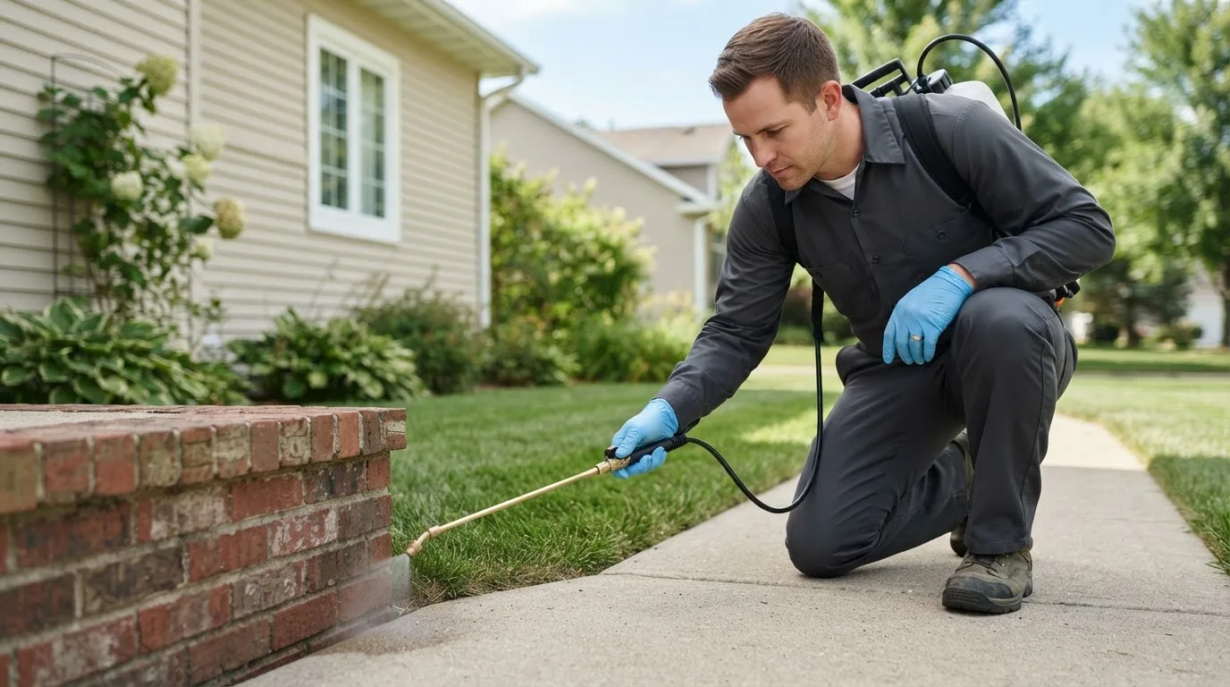 Pest control technician treating a home near Trevett, ME