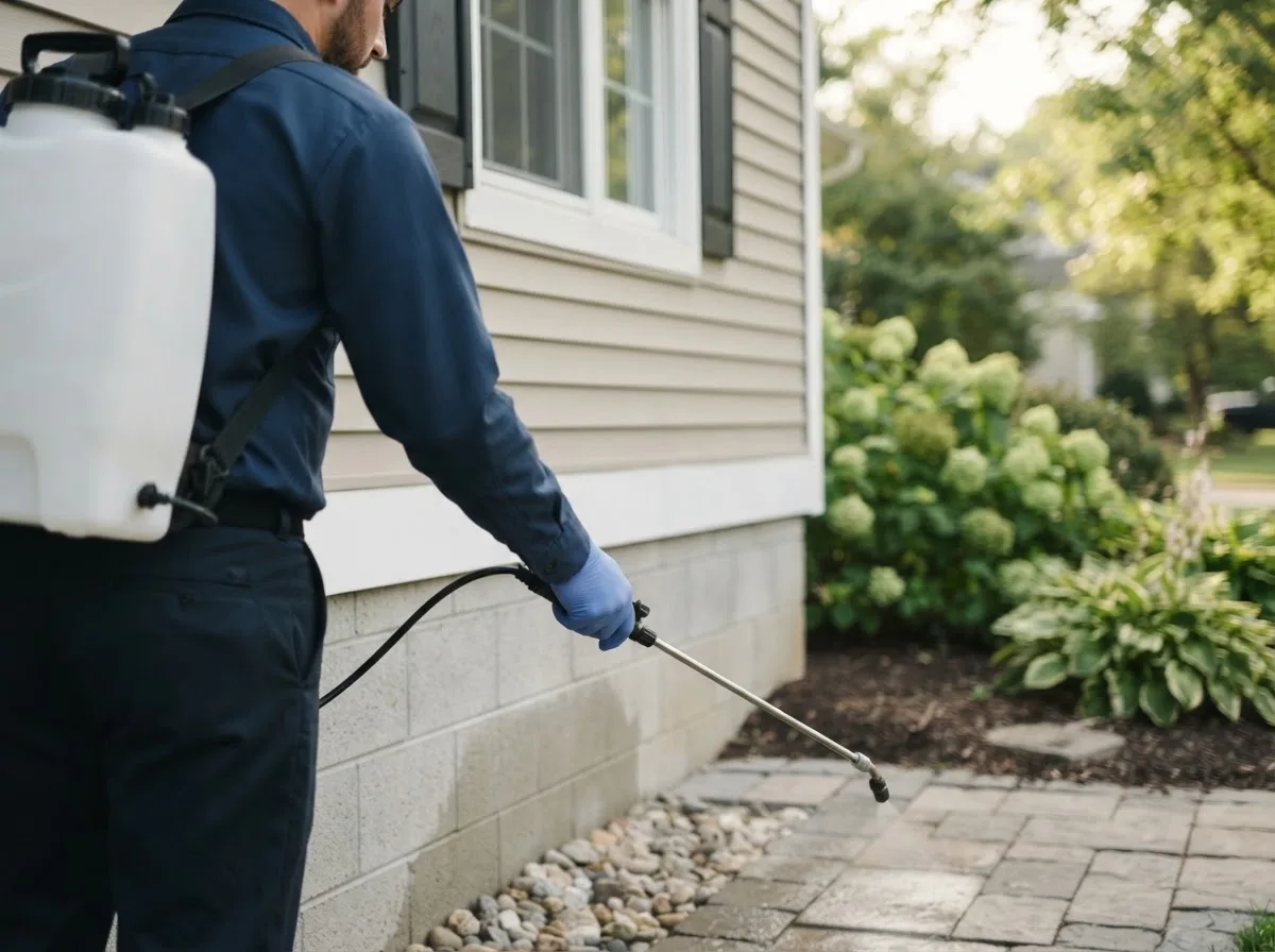Pest control technician inspecting a home in Trevett, ME